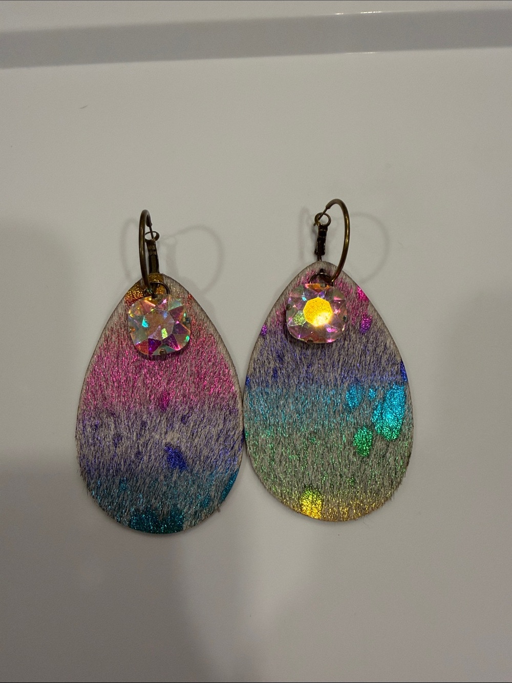 Iridescent Rainbow Teardrop Earrings with Faceted Crystal Accent